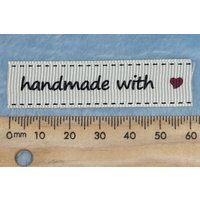 Tag, Cream, black print wording "handmade with " with red heart symbol