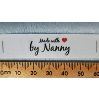 Tag- White, black print, wording Made with heart symbol by Nanny