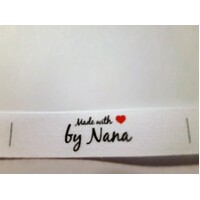 Tag- White, black print, wording Made with heart symbol by Nana