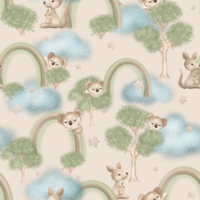 A- Australian Dreamtime, Koalas, Kangaroos, Eucalyptus Trees, Rainbows, Clouds, Stars, cream background - One metre