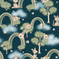 C- Australian Dreamtime, Koalas, Kangaroos, Eucalyptus Trees, Rainbows, Clouds, Stars, GREEN background - One metre