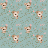 E- Koalas, Eucalyptus Branches and pink flowers, green background- One metre