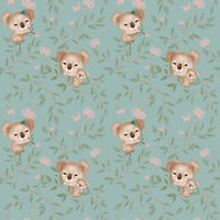 E- Koalas, Eucalyptus Branches and pink flowers, green background- One metre