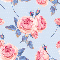 B- Pink Roses, blue and white dot background (One metre)