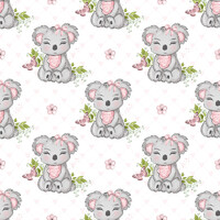 F- Cute Koala , flowers(AND QUIET FEINT PINK HEARTS) white background  (One metre)