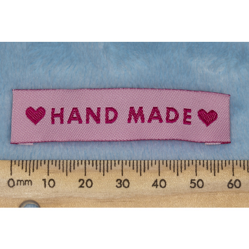 Tag, pink  "HAND MADE"  with 2 heart symbols