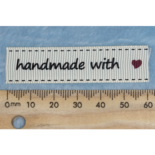 Tag, Cream, black print wording "handmade with " with red heart symbol