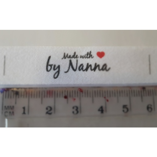Tag- White, black print, wording Made with ❤ by Nanna