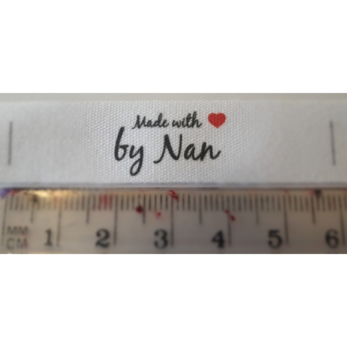 Tag- White, black print, wording Made with ❤ by Nan