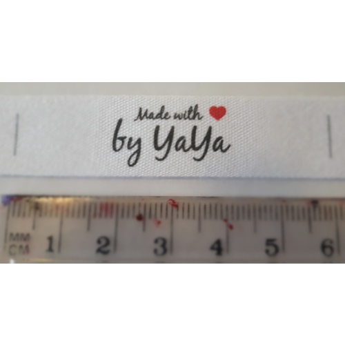 Tag- White, black print, wording Made with ❤ by YaYa