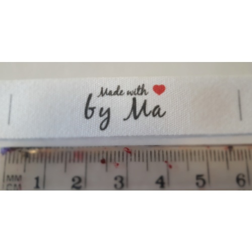 Tag- White, black print, wording Made with heart symbol by Ma
