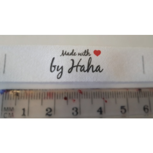 Tag- White, black print, wording Made with ❤ by Haha