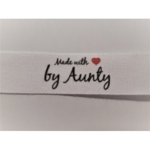 Tag- White, black print, wording Made with ❤ by Aunty