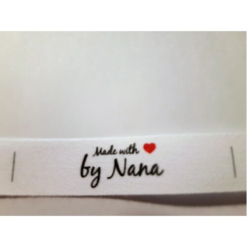 Tag- White, black print, wording Made with heart symbol by Nana