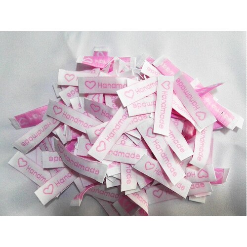 ***NEW***Tag, White, pink embroidered wording "HAND MADE " with heart symbol