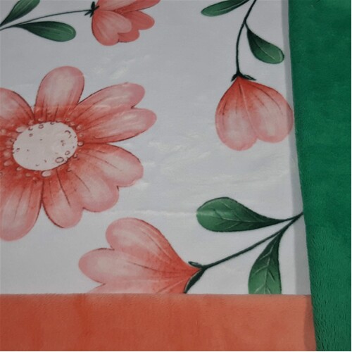Apricot and Green Floral print, White background  (One metre)
