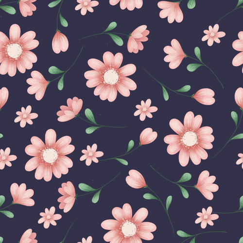 Apricot Floral print, Navy background  (One metre)